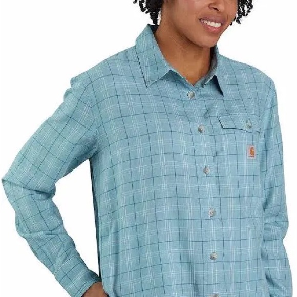NWT Carhartt Women's  Cotton Loose Fit Lightweight Plaid Shirt, Tourmaline Small - Picture 2 of 6
